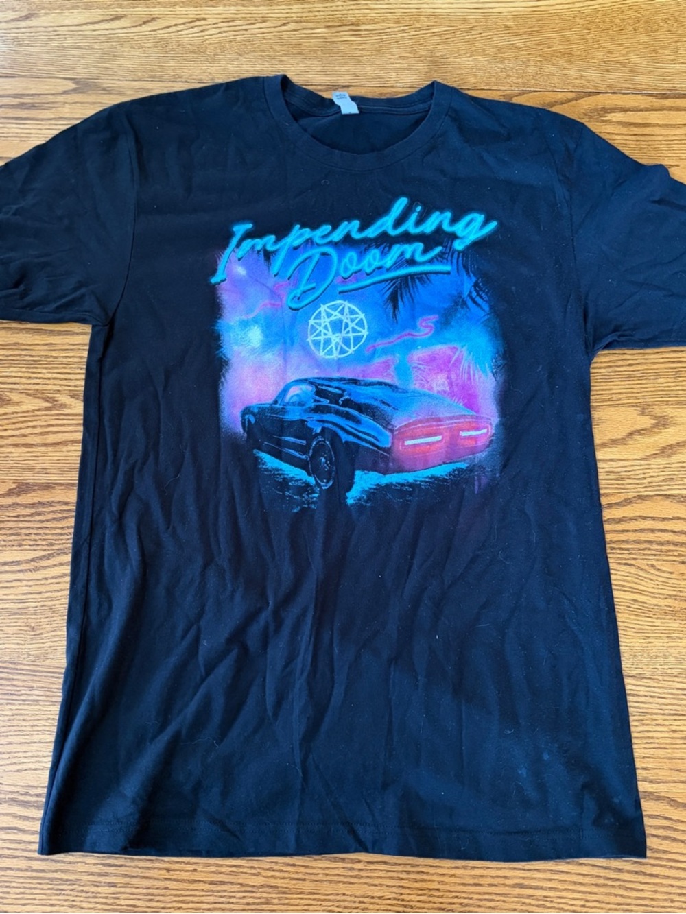Black 'Impending Doom' Graphic Tee - Retro Neon Car Design band